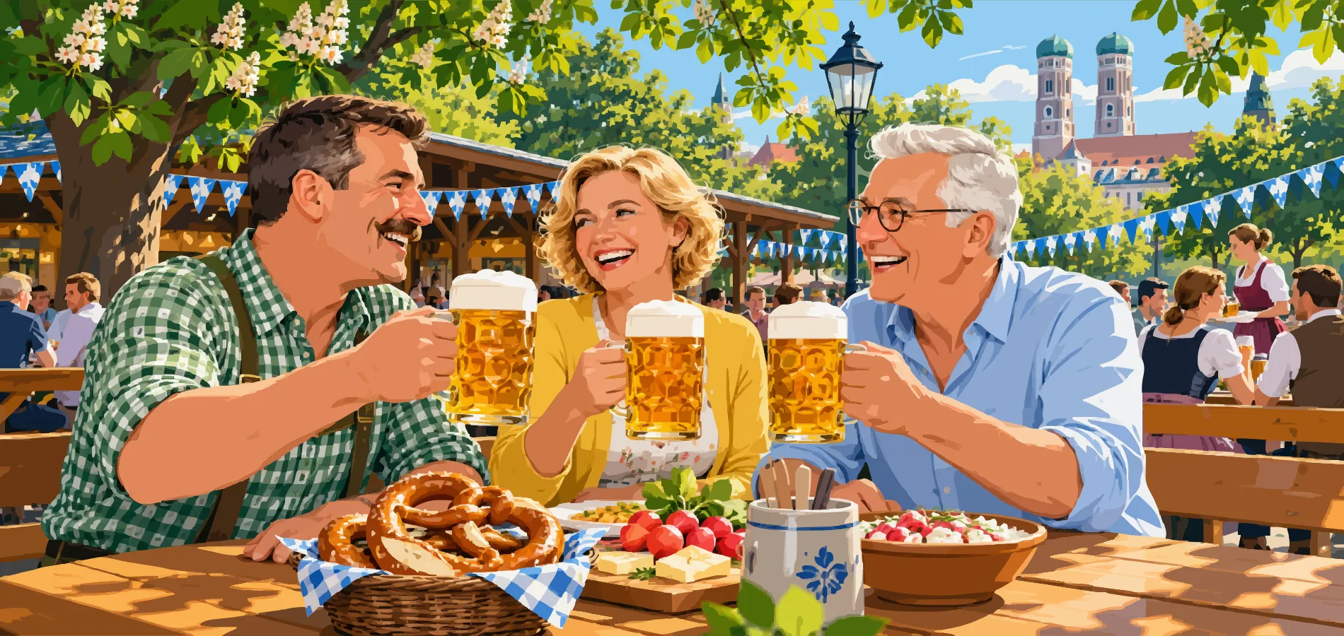 Illustration: Biergarten unter Kastanien
