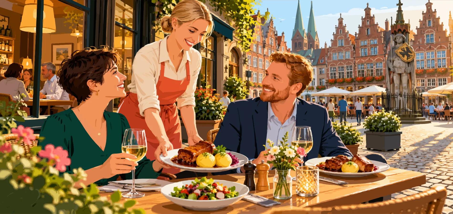 Illustration: Restaurantterrasse mit Service auf einem historischen Marktplatz
