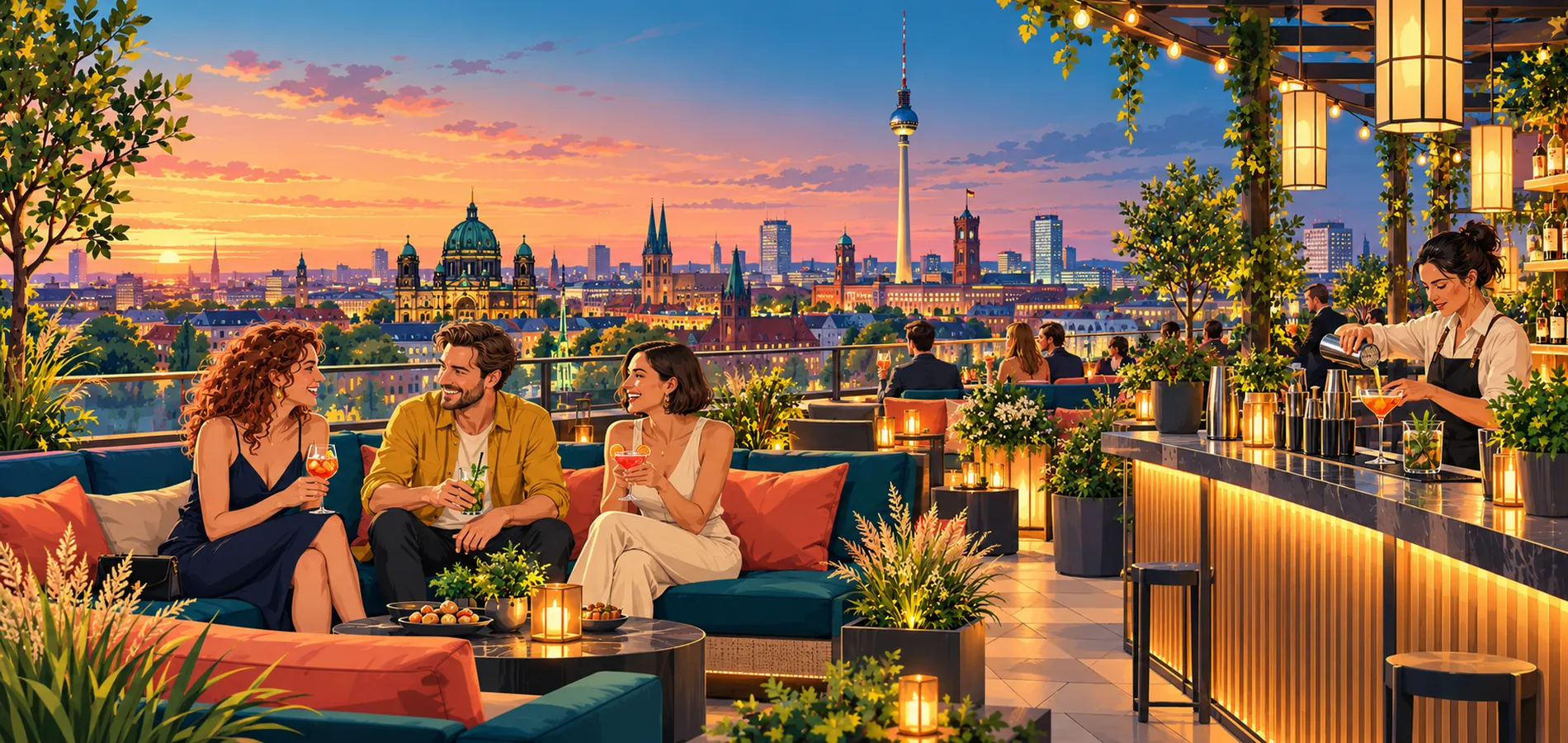 Illustration: Rooftop-Bar bei Sonnenuntergang